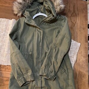 Gap Kids Army Green Faux Fur Lined Hood Utility Jacket